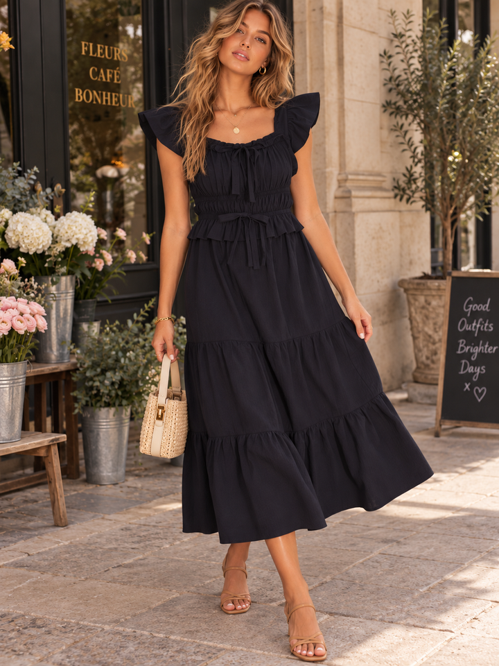 WOMEN'S RUFFLE SLEEVE ELASTIC WAIST TIERED MIDI DRESS