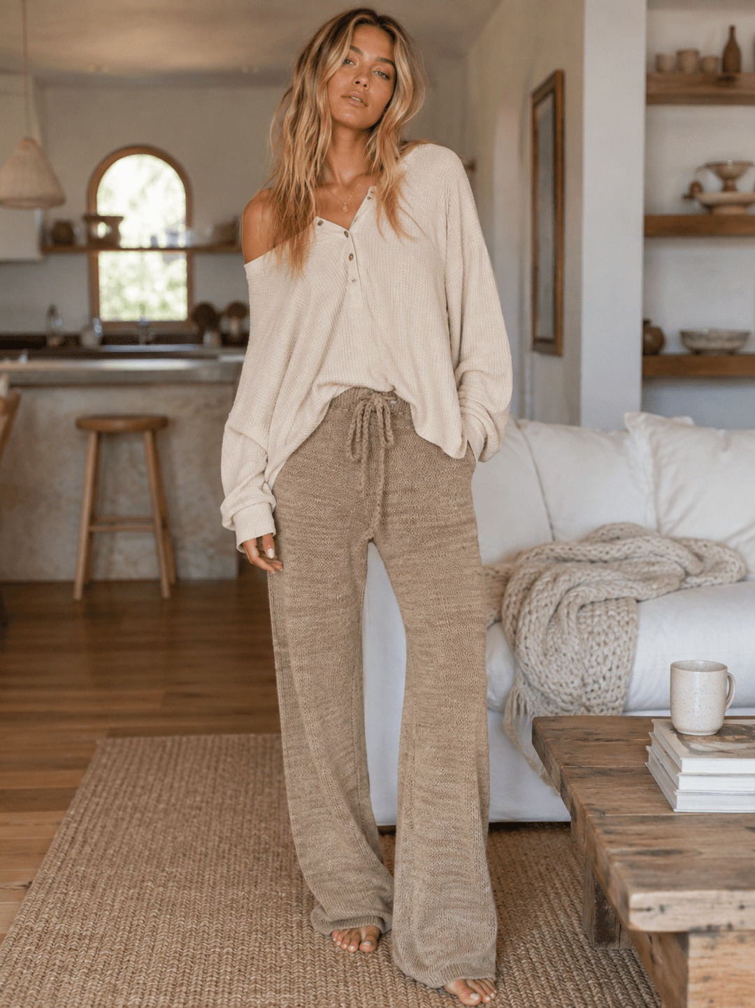WOMEN'S ELASTIC WAIST SELF TIE WIDE LEG KNIT PANTS