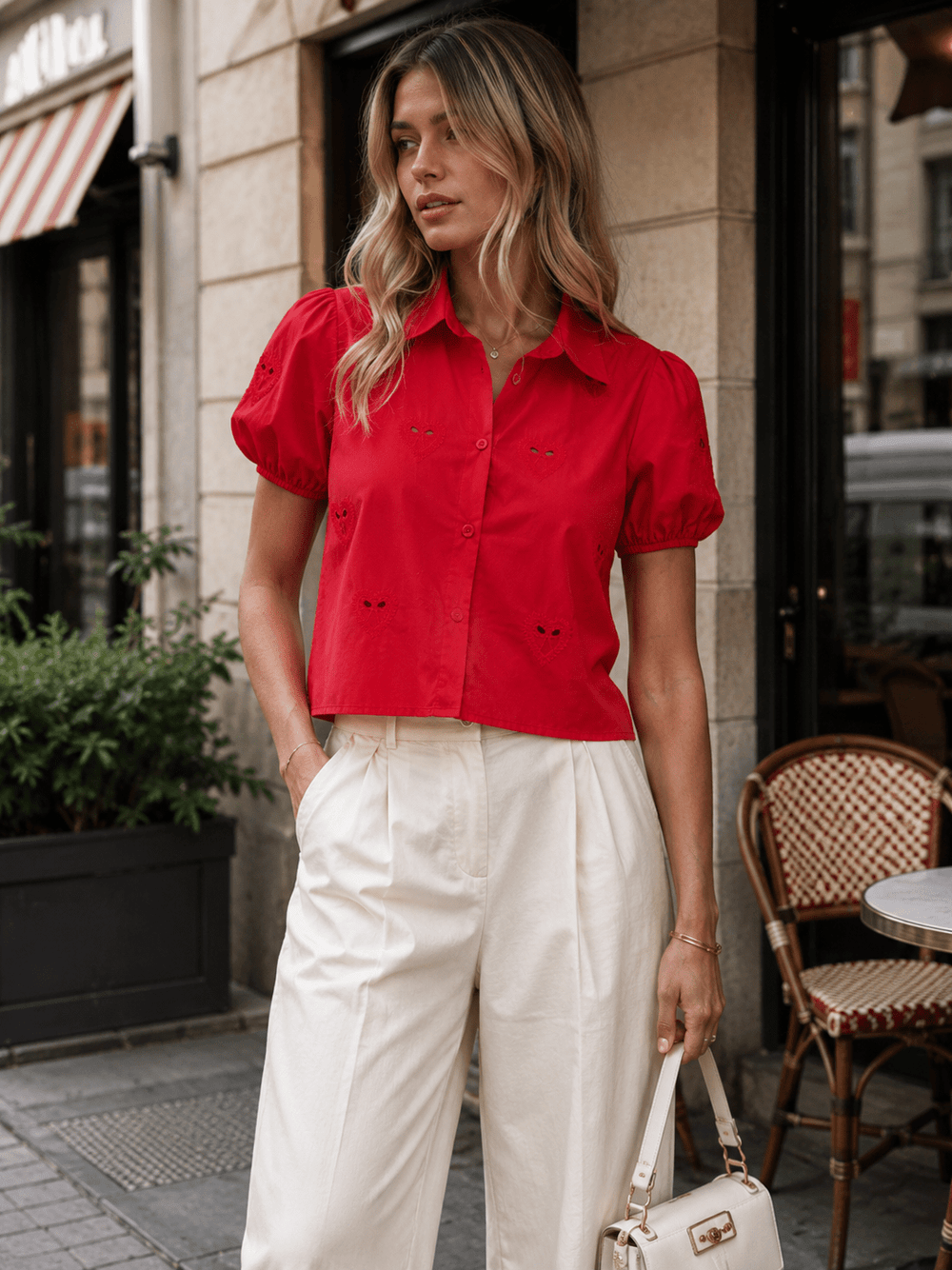 WOMEN'S SHORT PUFF SLEEVES BUTTON UP HEART EYELET BLOUSE