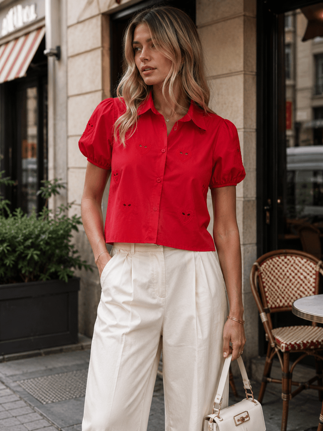 WOMEN'S SHORT PUFF SLEEVES BUTTON UP HEART EYELET BLOUSE