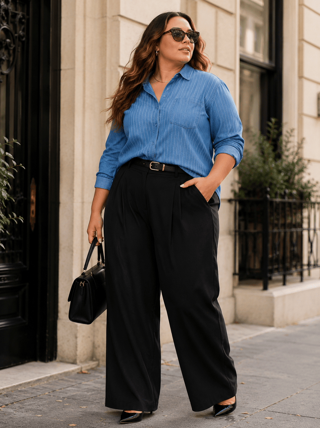 PLUS SIZE LONG SLEEVE BUTTON UP FRONT POCKET STRIPES DENIM SHIRT