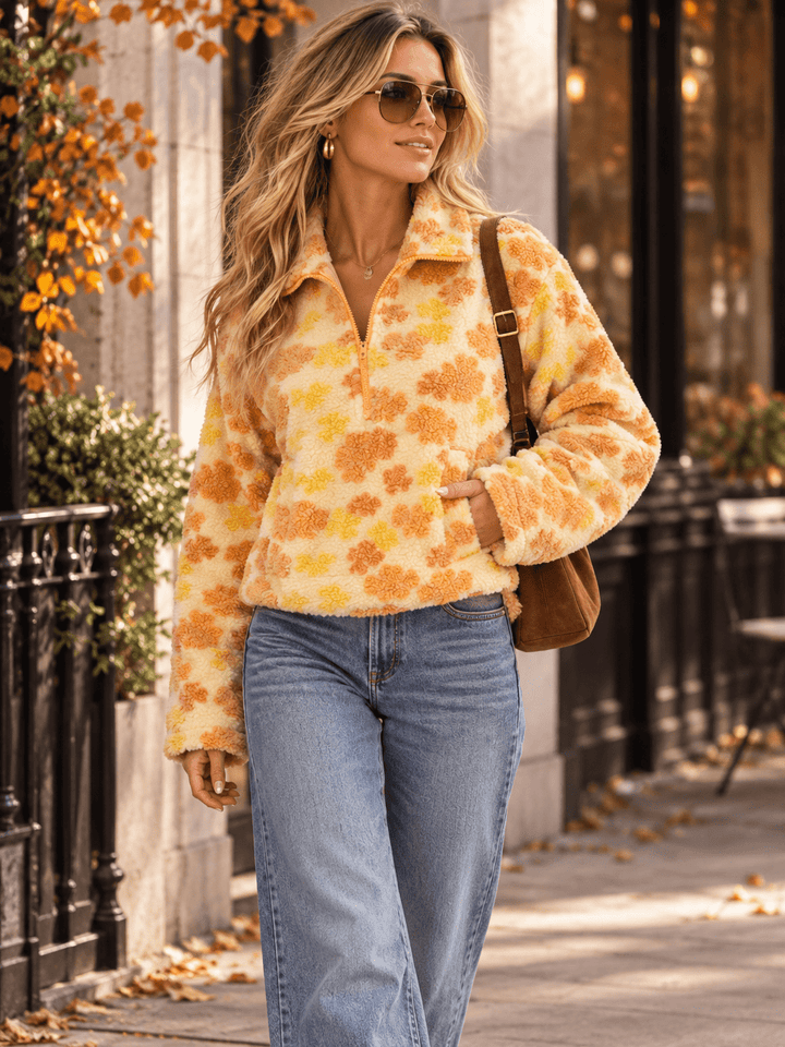 WOMEN'S LONG SLEEVE ZIP UP FRONT POCKETS FLORAL SHERPA PULLOVER SWEATER