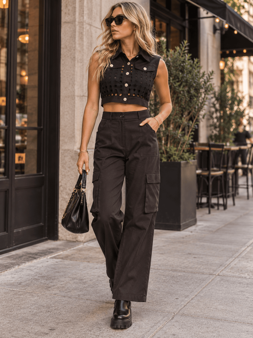 WOMEN'S SLEEVELESS BLOUSE & ELASTIC WAIST PANTS EYELET DETAILED 2PC. SET