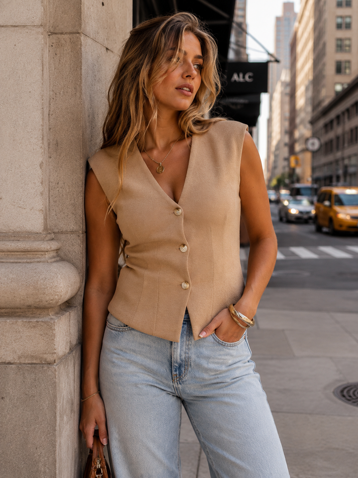 WOMEN'S SLEEVELESS V-NECK BUTTON UP BLOUSE