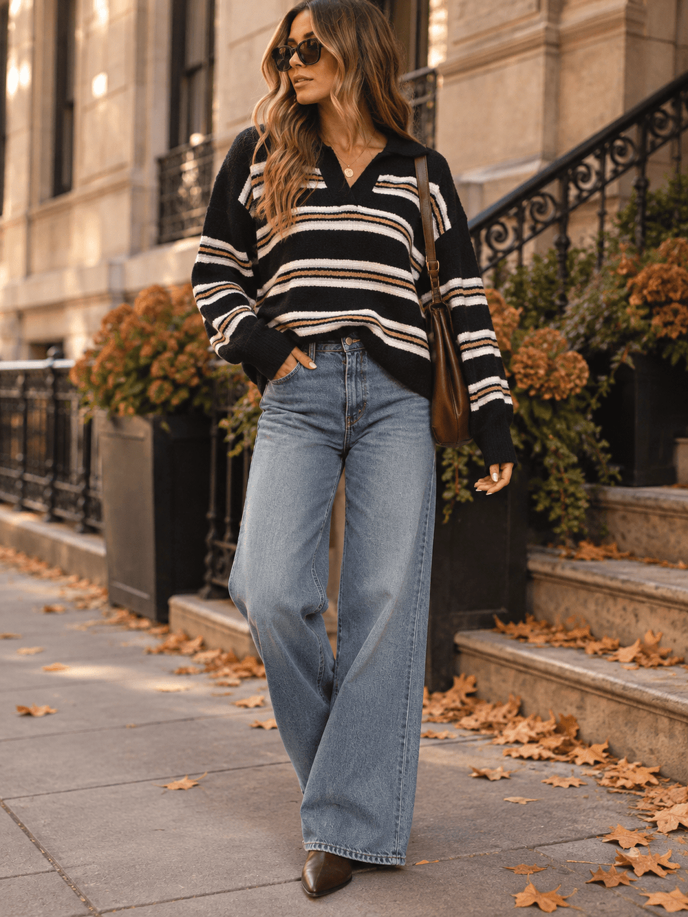WOMEN'S LONG SLEEVE V-NECK STRIPES COLORBLOCK PULLOVER SWEATER