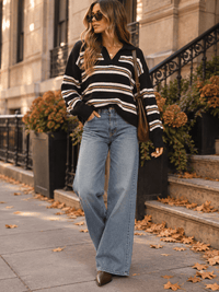 WOMEN'S LONG SLEEVE V-NECK STRIPES COLORBLOCK PULLOVER SWEATER