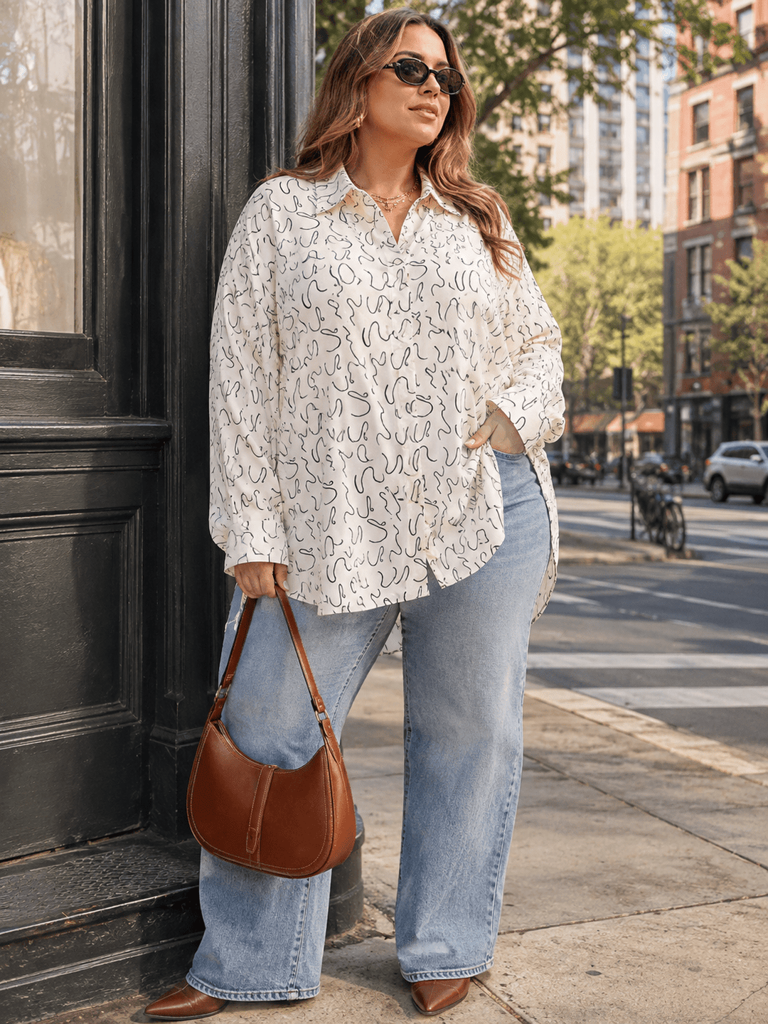 PLUS SIZE LONG SLEEVE BUTTON UP FRONT POCKET HIGH-LOW OVERSIZED BLOUSE