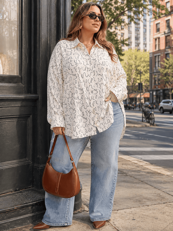 PLUS SIZE LONG SLEEVE BUTTON UP FRONT POCKET HIGH-LOW OVERSIZED BLOUSE