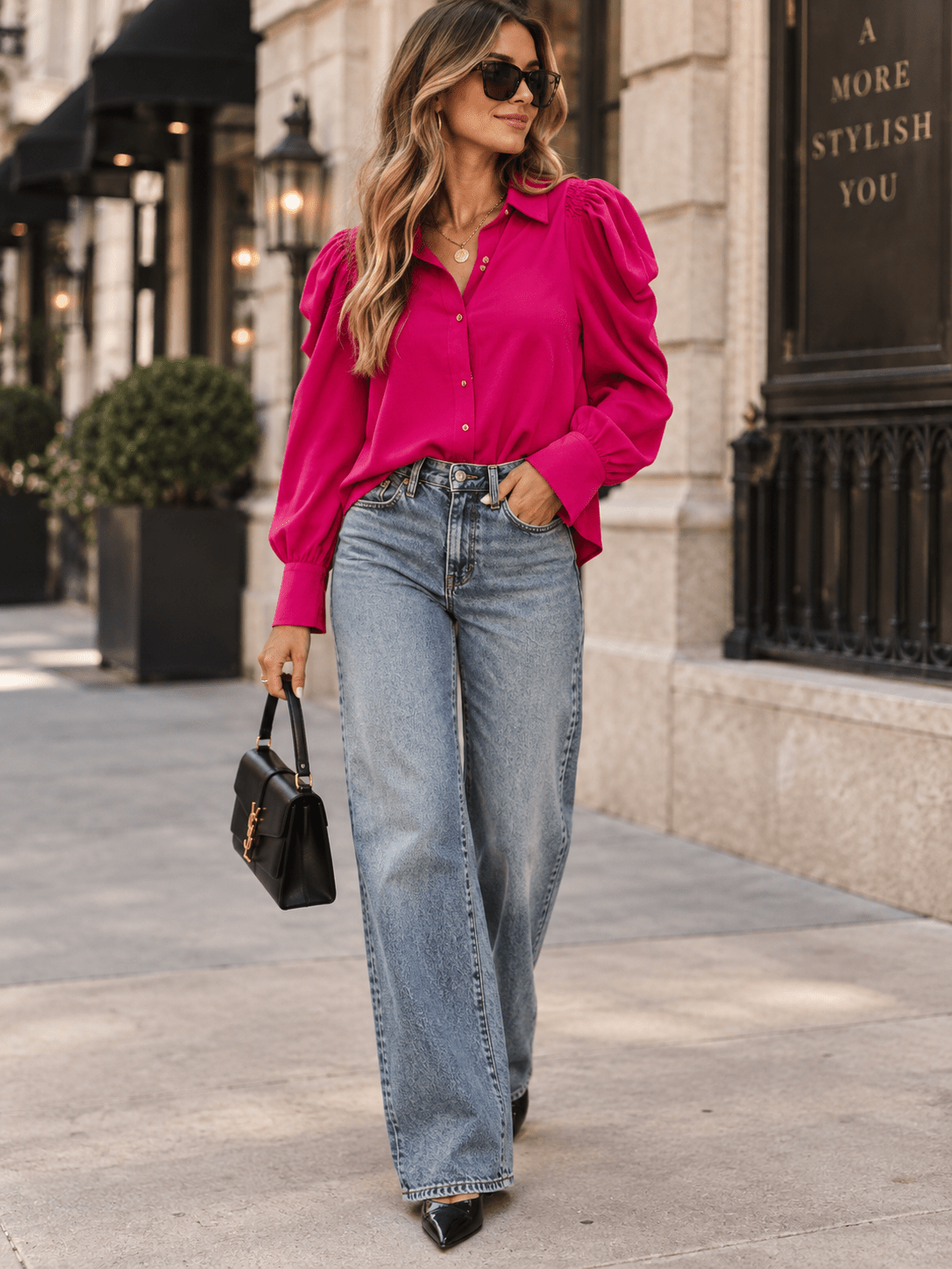 ENTRO WOMEN'S LONG PUFF SLEEVE BUTTON UP BLOUSE