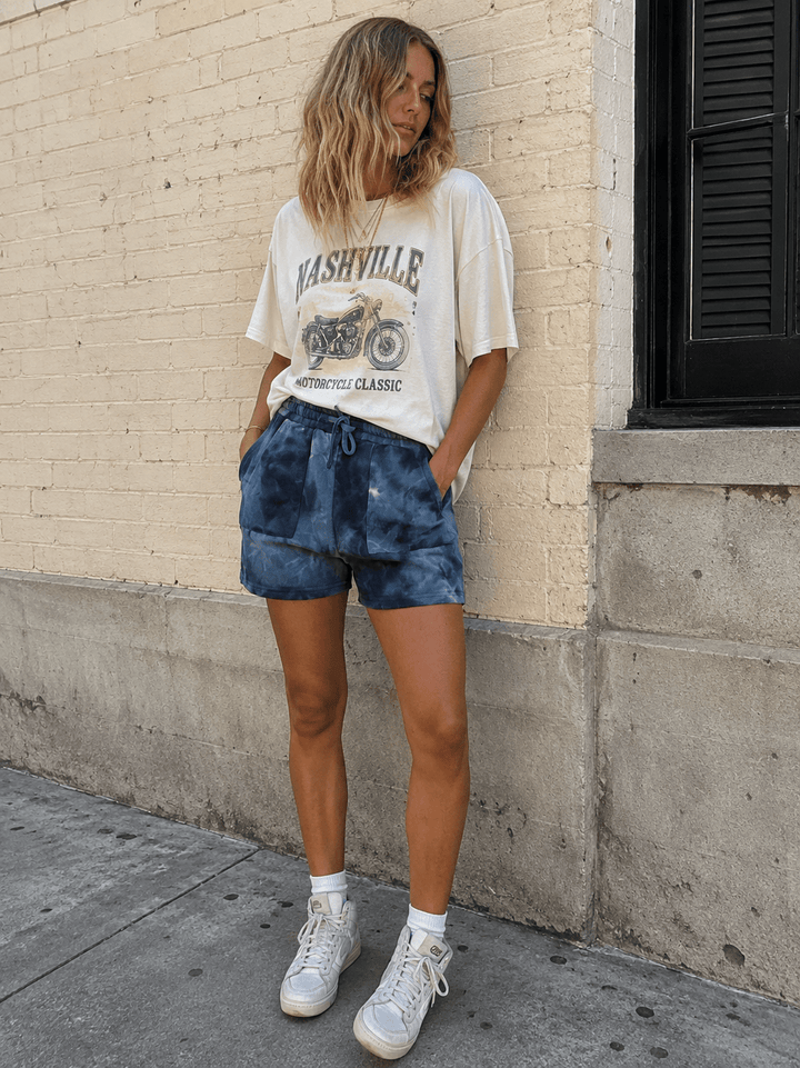 WOMEN'S ELASTIC WAIST SELF TIE POCKETS TIE DYE MINI SHORTS
