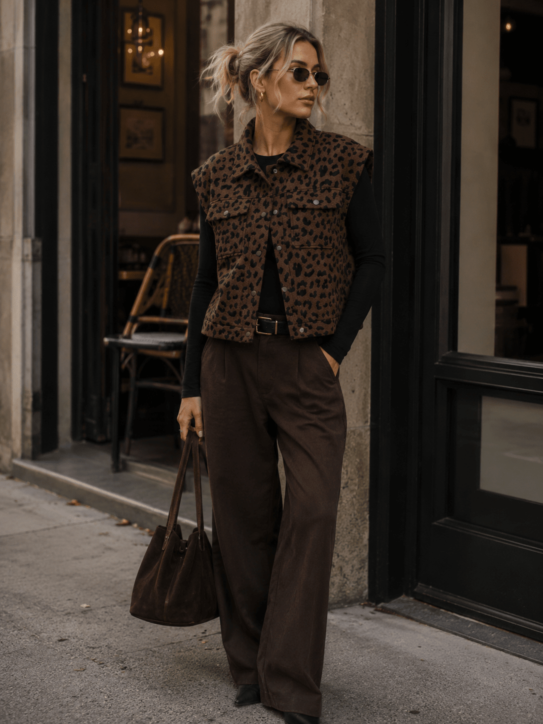 WOMEN'S SLEEVELESS BUTTON UP FRONT POCKETS ANIMAL PRINT VEST
