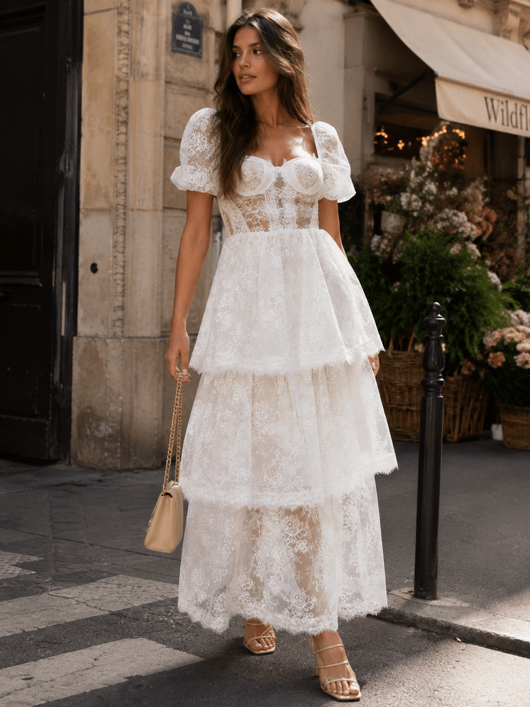 BEULAH WOMEN'S SHORT PUFF SLEEVE RUFFLE TIERED LACE MAXI DRESS