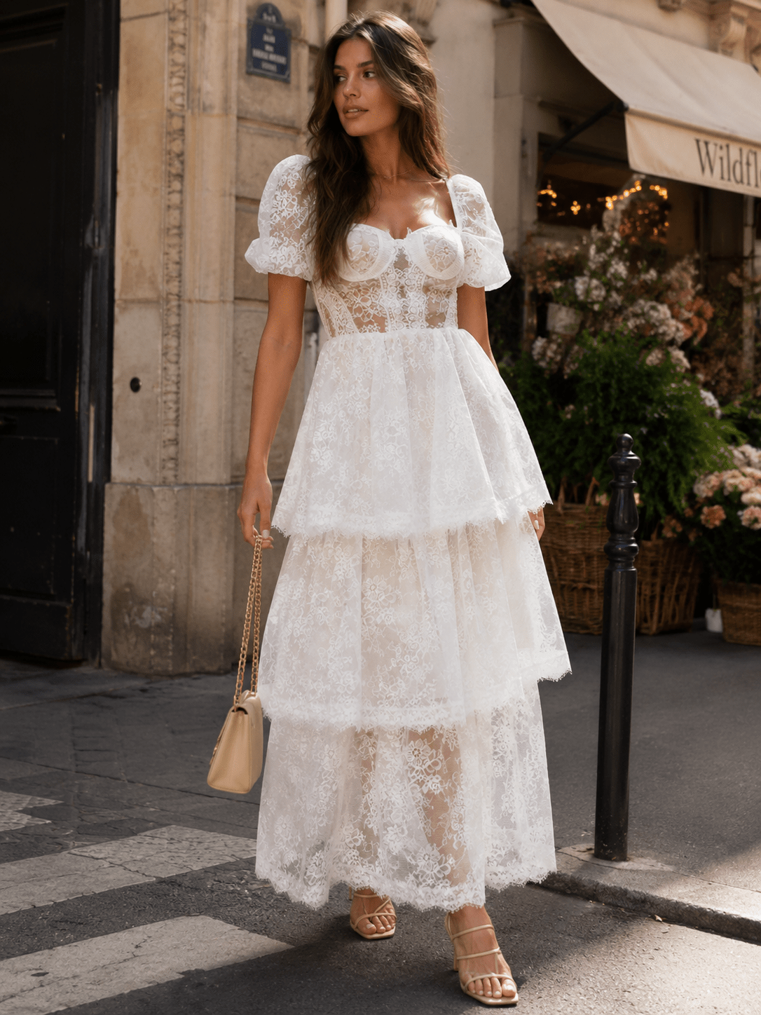 BEULAH WOMEN'S SHORT PUFF SLEEVE RUFFLE TIERED LACE MAXI DRESS