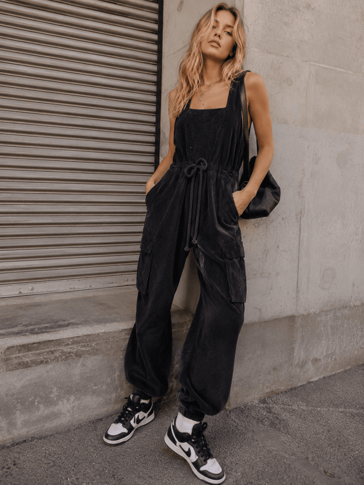 WOMEN'S SLEEVELESS ADJUSTABLE WAIST CARGO POCKETS JOGGER CORDUROY JUMPSUIT