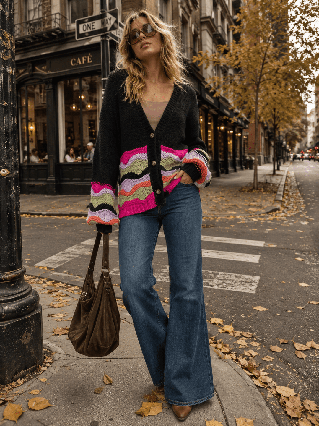 WOMEN'S LONG SLEEVE BUTTON UP MULTI COLORS KNIT SWEATER
