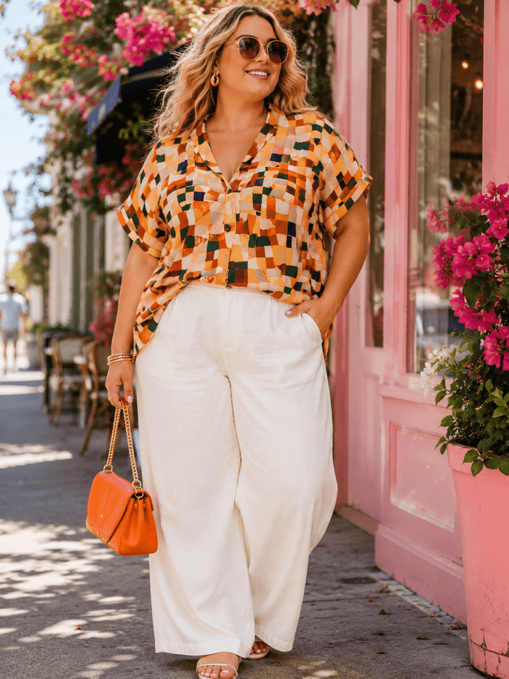 PLUS SIZE SHORT SLEEVE V-NECK MULTI PRINT BLOUSE