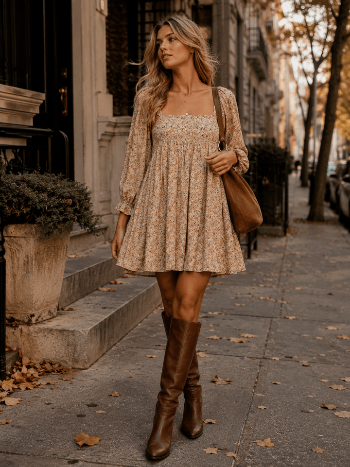 WOMEN'S 3/4 SLEEVE SQUARE NECK FRONT POCKETS FLORAL PRINT MINI DRESS