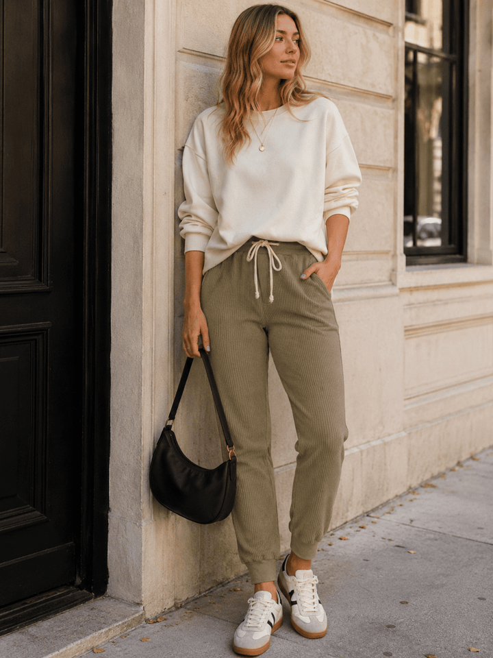 WOMEN'S ELASTIC WAIST FRONT POCKETS SELF TIE JOGGER LEG PANTS