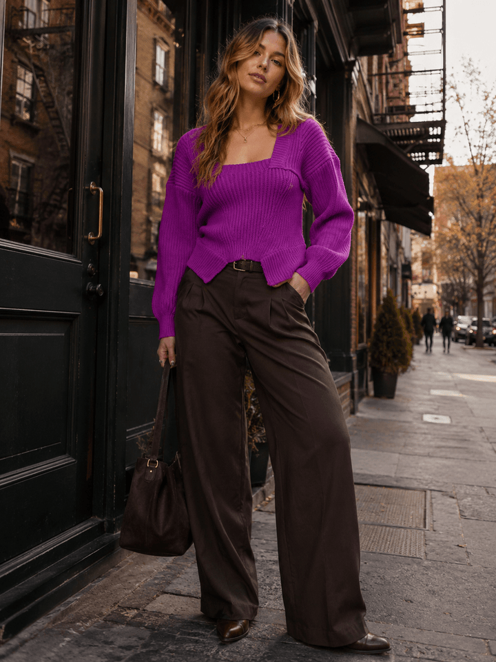 ENTRO WOMEN'S LONG SLEEVE SQUARE NECK KNIT PULLOVER SWEATER