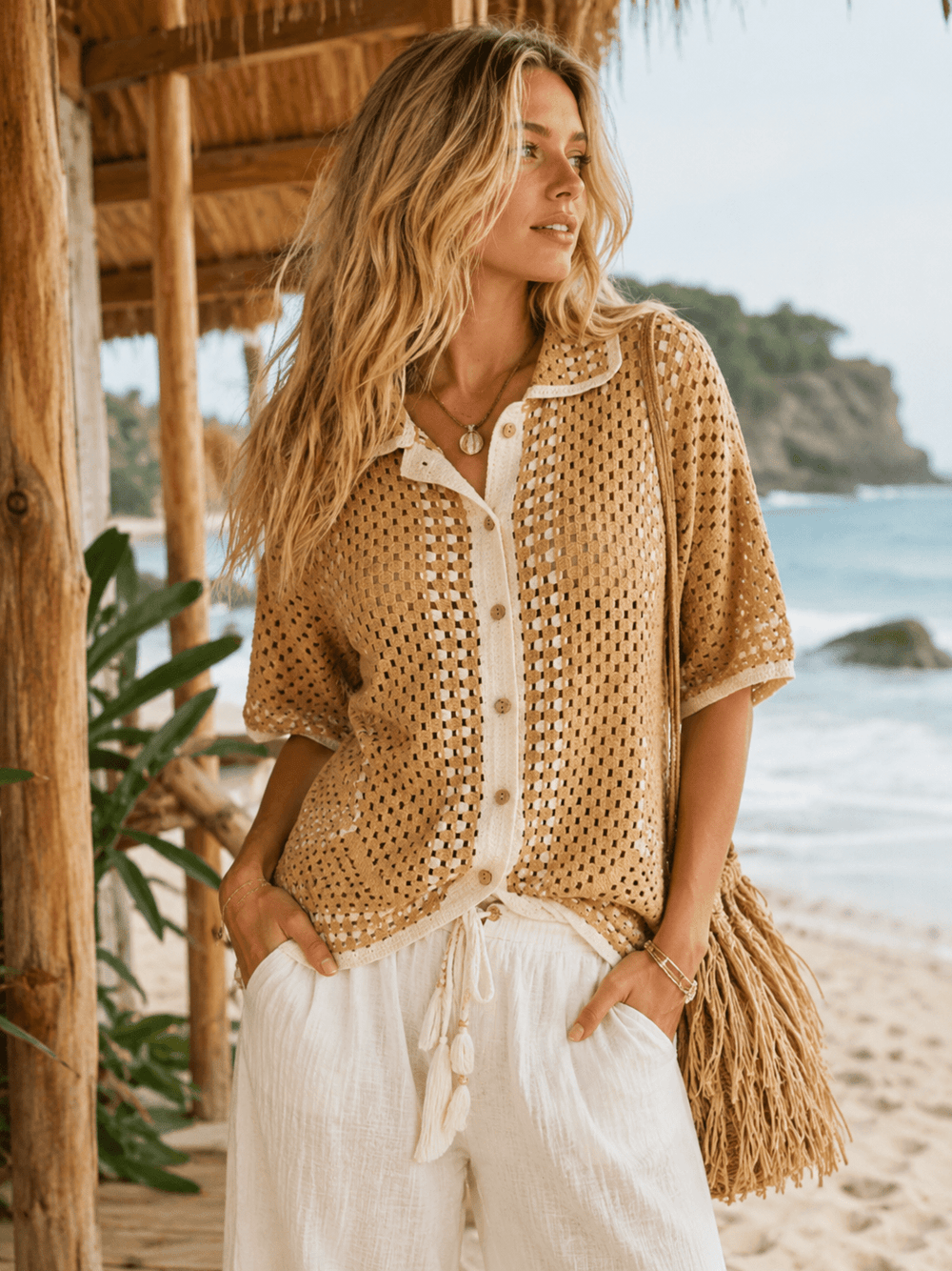 WOMEN'S SHORT SLEEVE V-NECK BUTTON UP CROCHET BLOUSE
