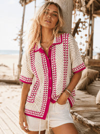 WOMEN'S SHORT SLEEVE V-NECK BUTTON UP CROCHET BLOUSE