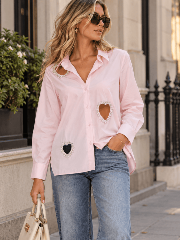 WOMEN'S LONG SLEEVE BUTTON UP STUDS HEARTS DETAILED BLOUSE