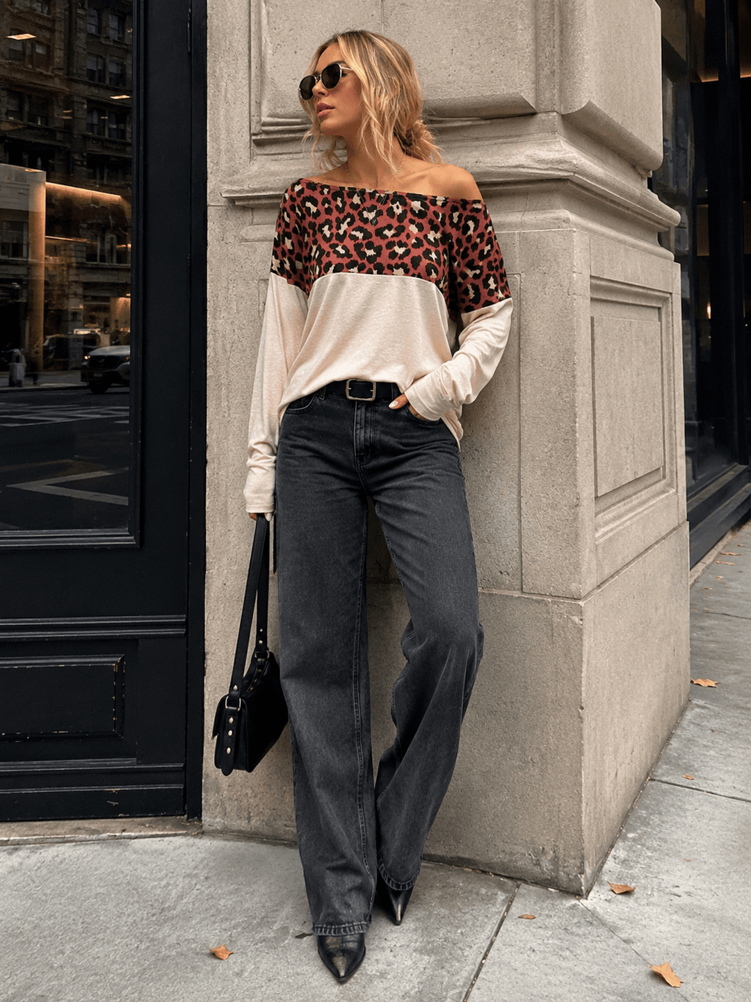WOMEN'S LONG SLEEVE OFF SHOULDER ANIMA PRINT CONTRAST TOP