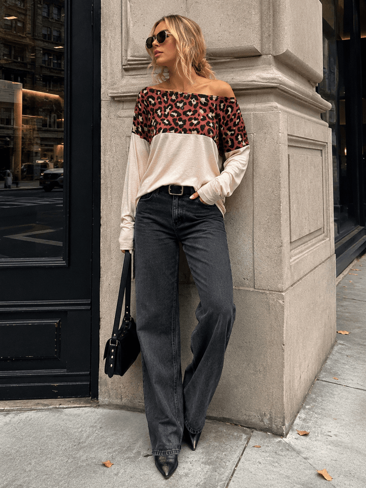 WOMEN'S LONG SLEEVE OFF SHOULDER ANIMA PRINT CONTRAST TOP