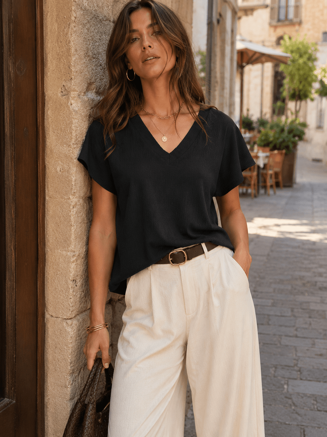 ENTRO WOMEN'S SHORT SLEEVE V-NECK BUBBLE WAIST TOP