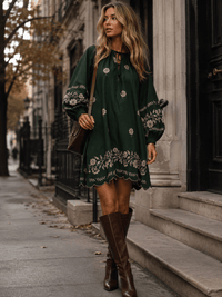 WOMEN'S LONG SLEEVE FRONT POCKETS EMBROIDERY FLORAL TUNIC MINI DRESS