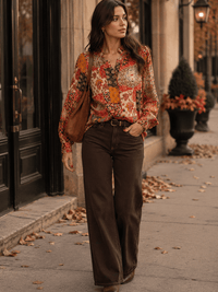 ENTRO WOMEN'S LONG SLEEVE V-NECK BUTTON UP MULTI PRINT BLOUSE