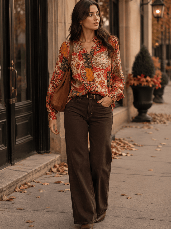 ENTRO WOMEN'S LONG SLEEVE V-NECK BUTTON UP MULTI PRINT BLOUSE