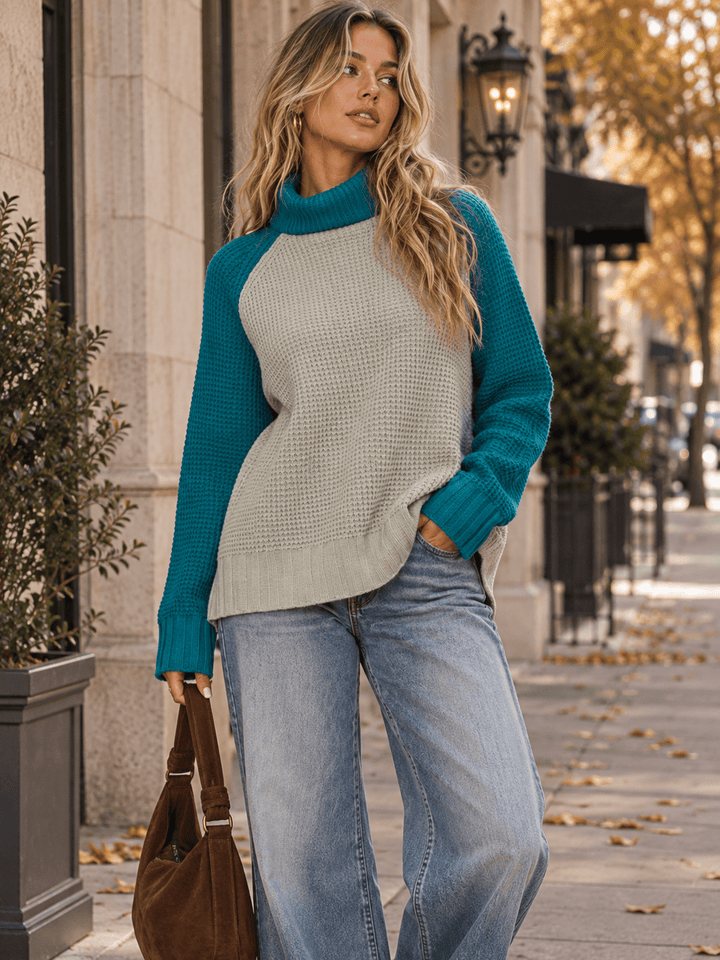 WOMEN'S LONG SLEEVE TURTLE NECK PULLOVER BACK SURPLICE SWEATER