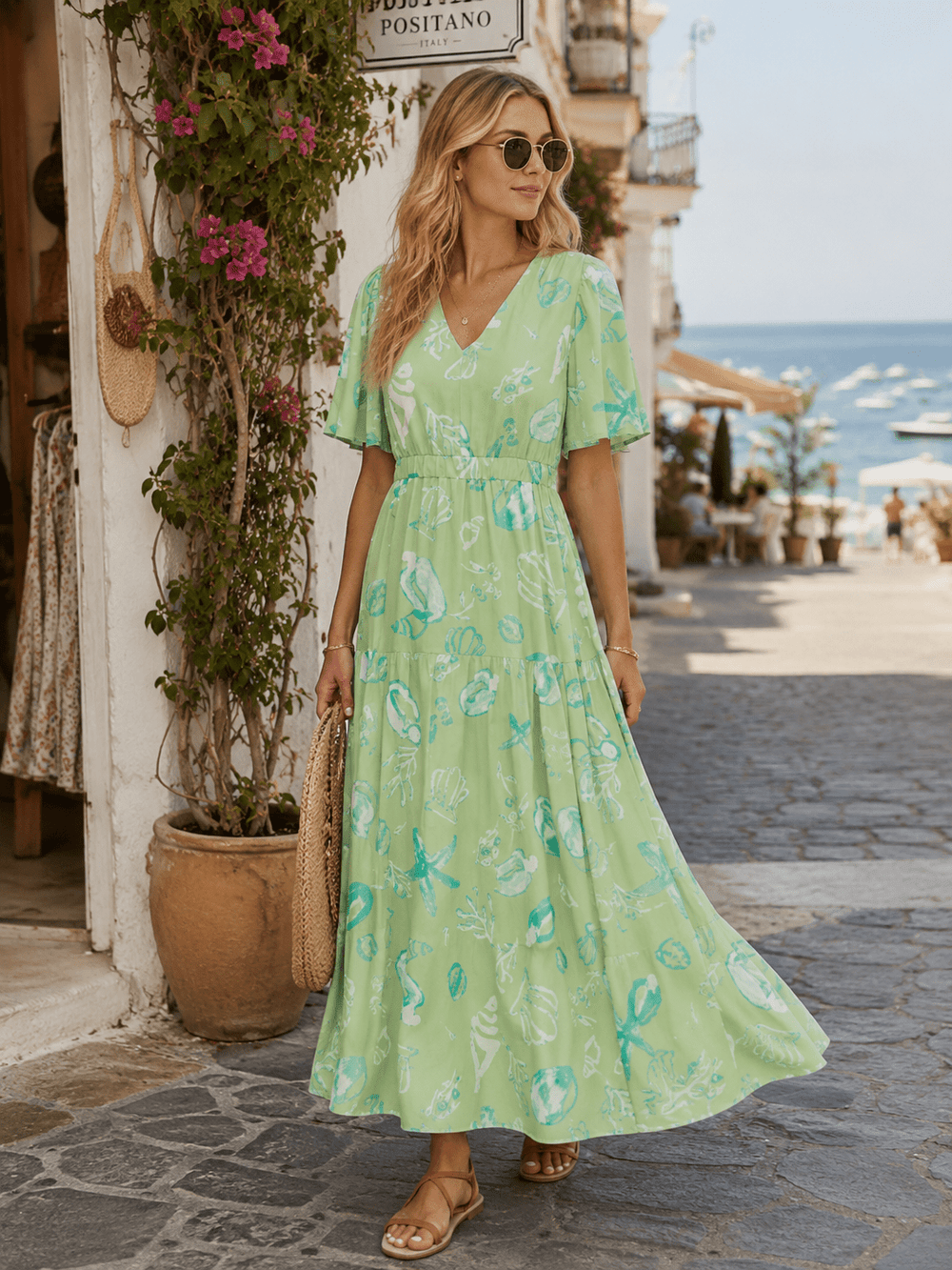 WOMEN'S SHORT SLEEVE V-NECK ELASTIC WAIST MULTI PRINT MAXI DRESS