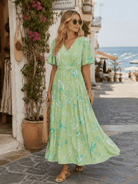 WOMEN'S SHORT SLEEVE V-NECK ELASTIC WAIST MULTI PRINT MAXI DRESS