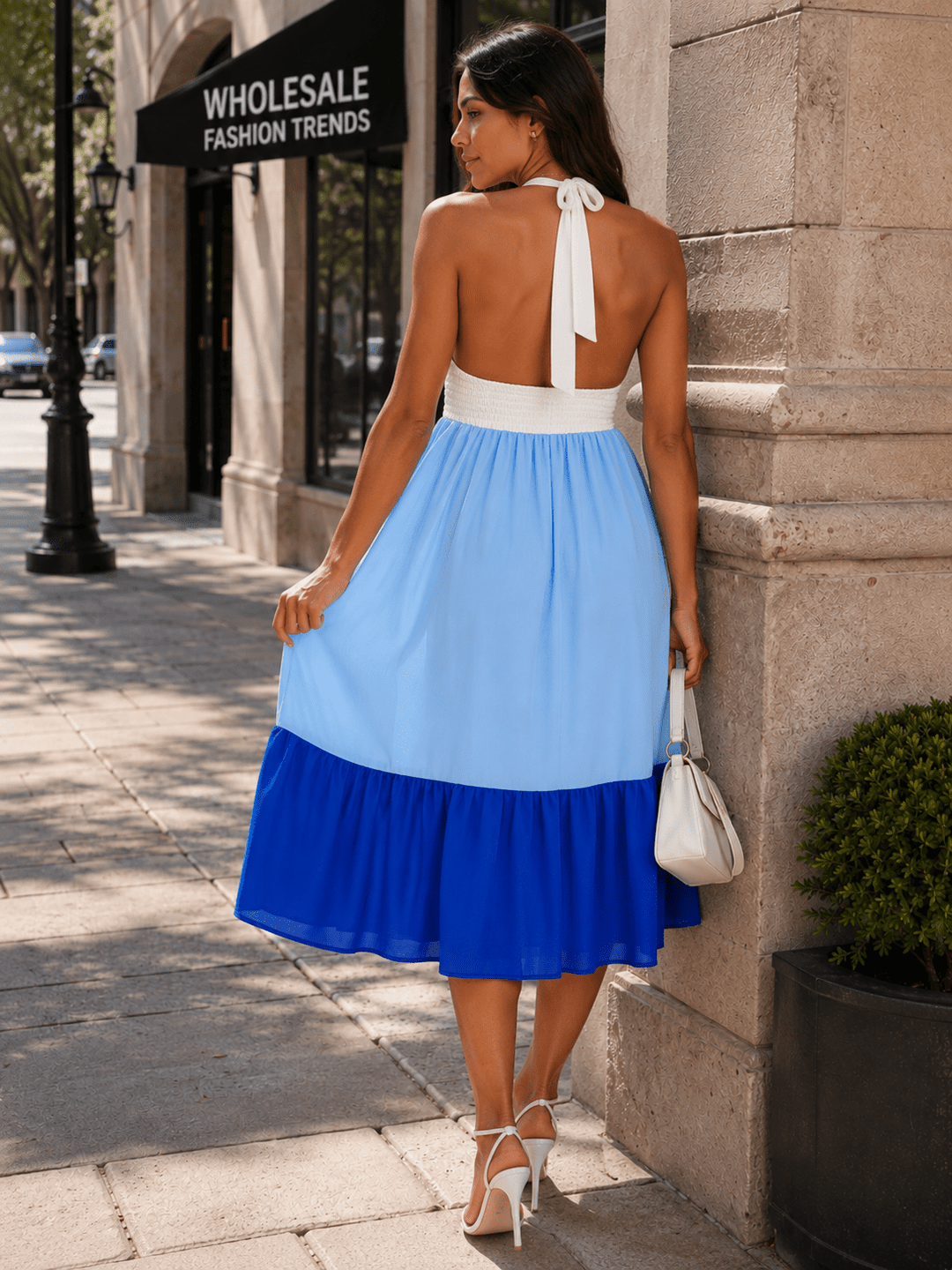 WOMEN'S SLEEVELESS HALTER NECK OPEN BACK TIERED COLORBLOCK MIDI DRESS