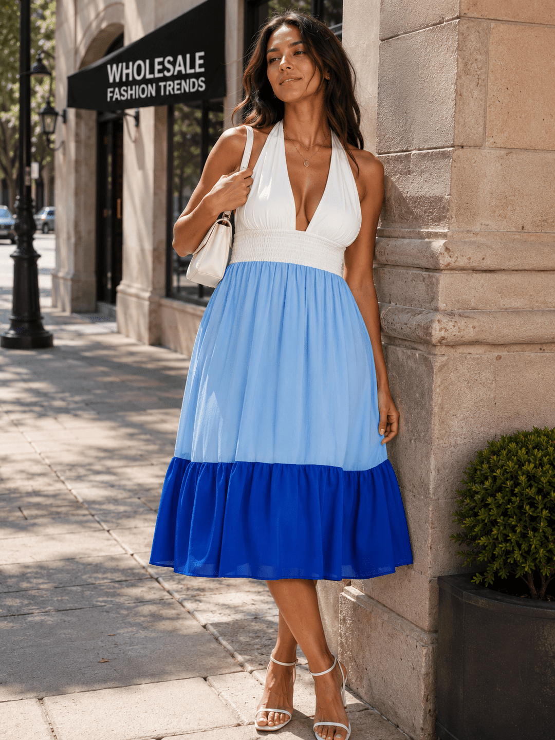 WOMEN'S SLEEVELESS HALTER NECK OPEN BACK TIERED COLORBLOCK MIDI DRESS