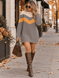 WOMEN'S LONG SLEEVE KNIT COLORBLOCK SWEATER MINI DRESS