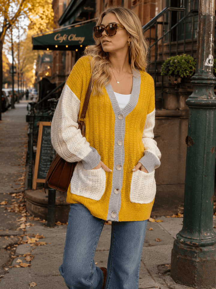 WOMEN'S LONG SLEEVE BUTTON CLOSURE FRONT POCKETS COLORBLOCK KNITTED CARDIGAN