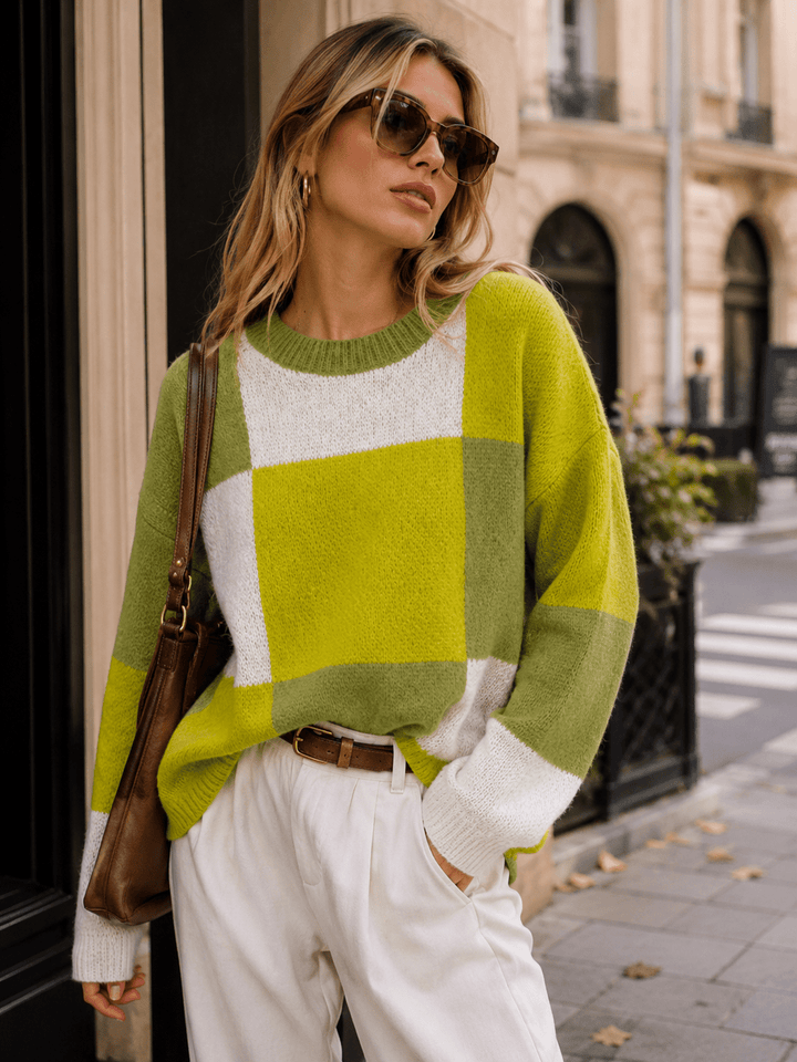 WOMEN'S LONG SLEEVE PULLOVER COLORBLOCK SWEATER