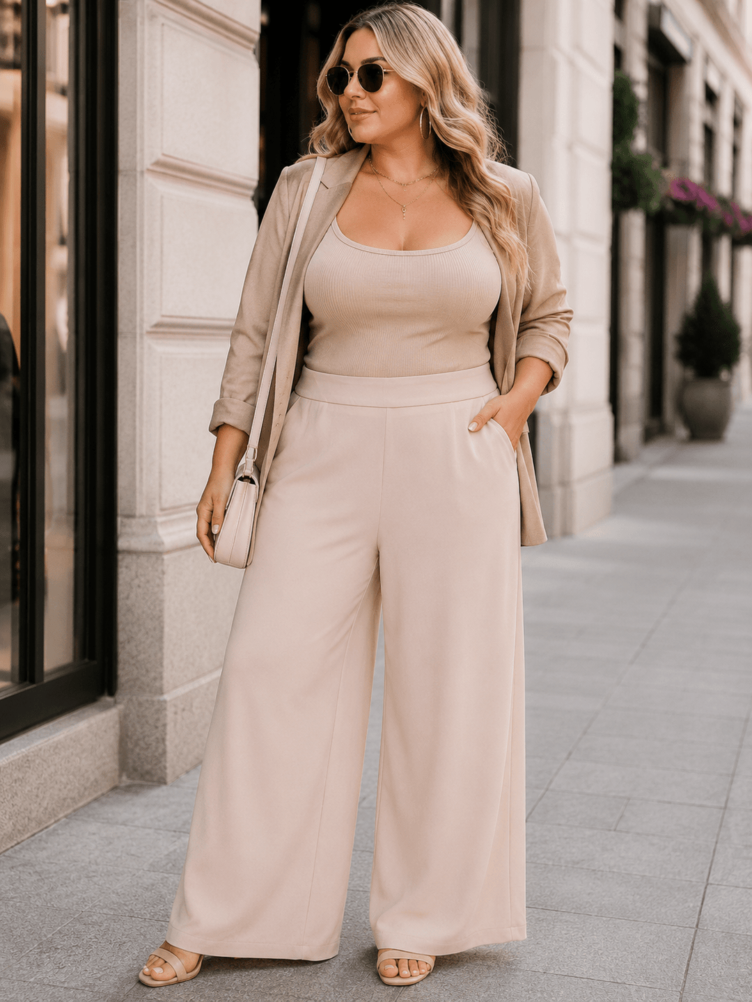 PLUS SIZE ELASTIC WAIST FRONT POCKETS WIDE LEG PANTS