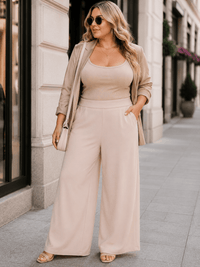 PLUS SIZE ELASTIC WAIST FRONT POCKETS WIDE LEG PANTS
