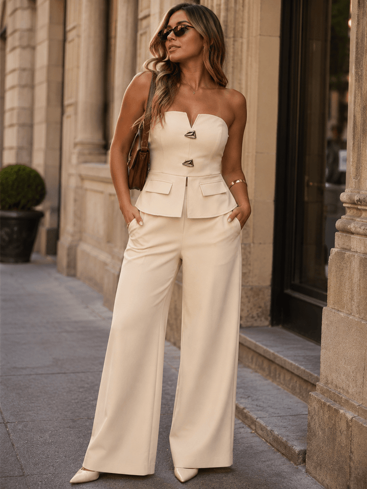 WOMEN'S SLEEVELESS V-NECK PEPLUM TOP & ZIP UP POCKETS WIDE LEG PANTS 2PC. SET