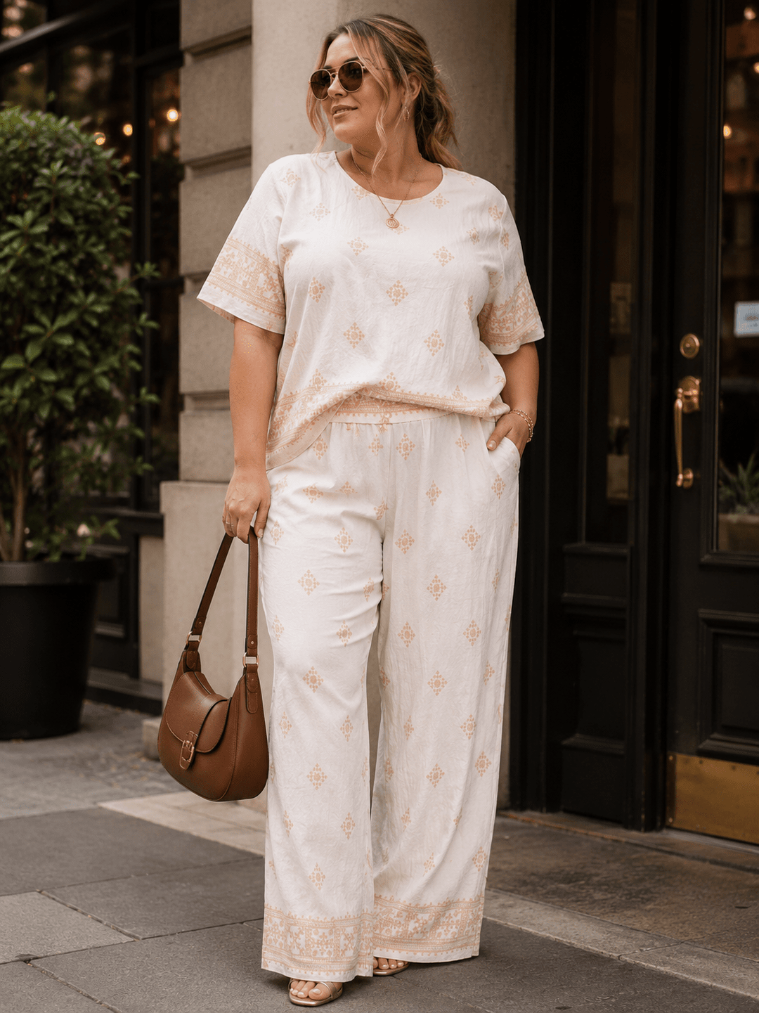 PLUS SIZE SHORT SLEEVE BLOUSE & ELASTIC WAIST PANTS MULTI PRINT 2PC. SET