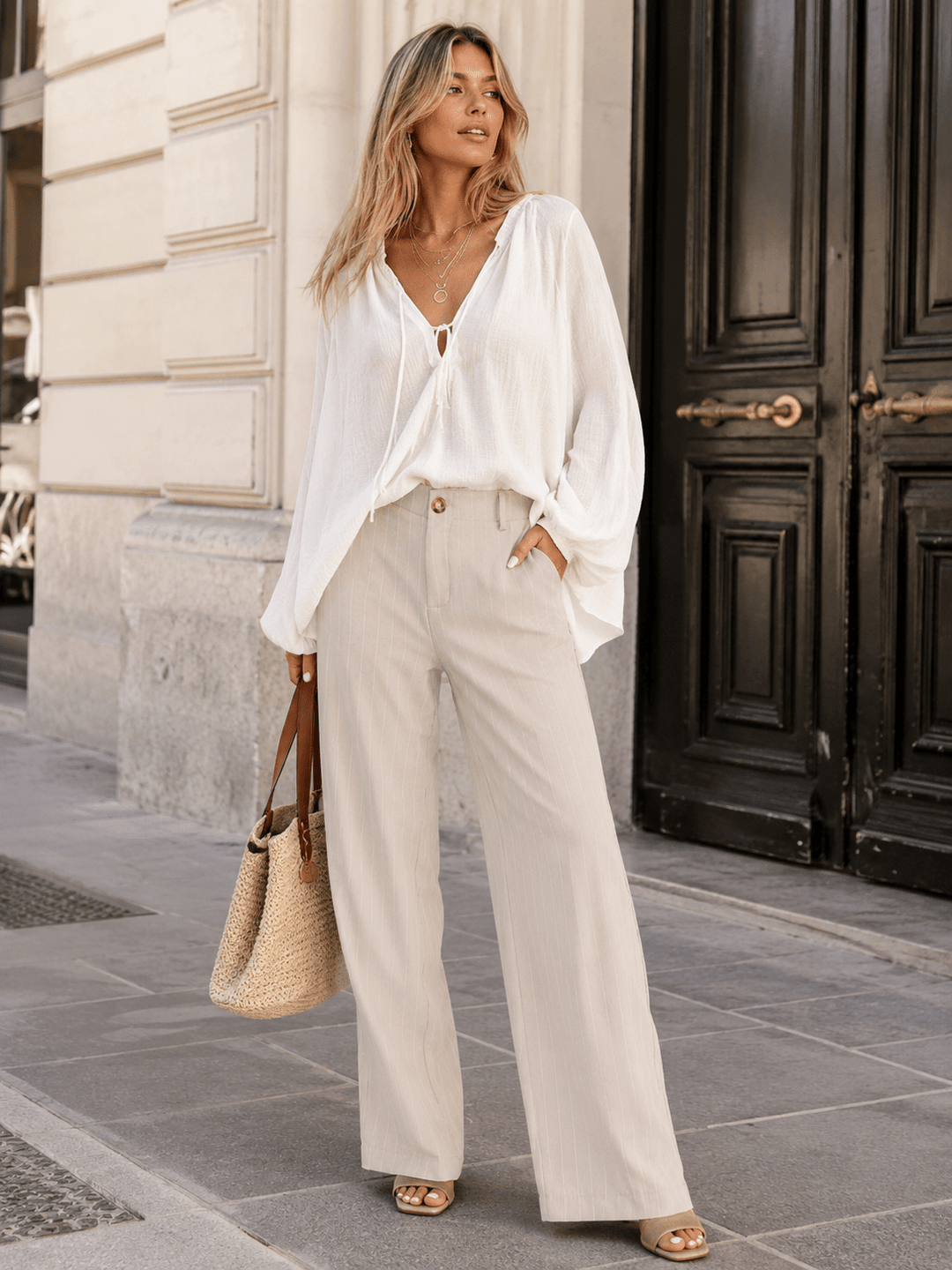 WOMEN'S BUTTON CLOSURE FRONT POCKETS STRIPES WIDE LEG PANTS