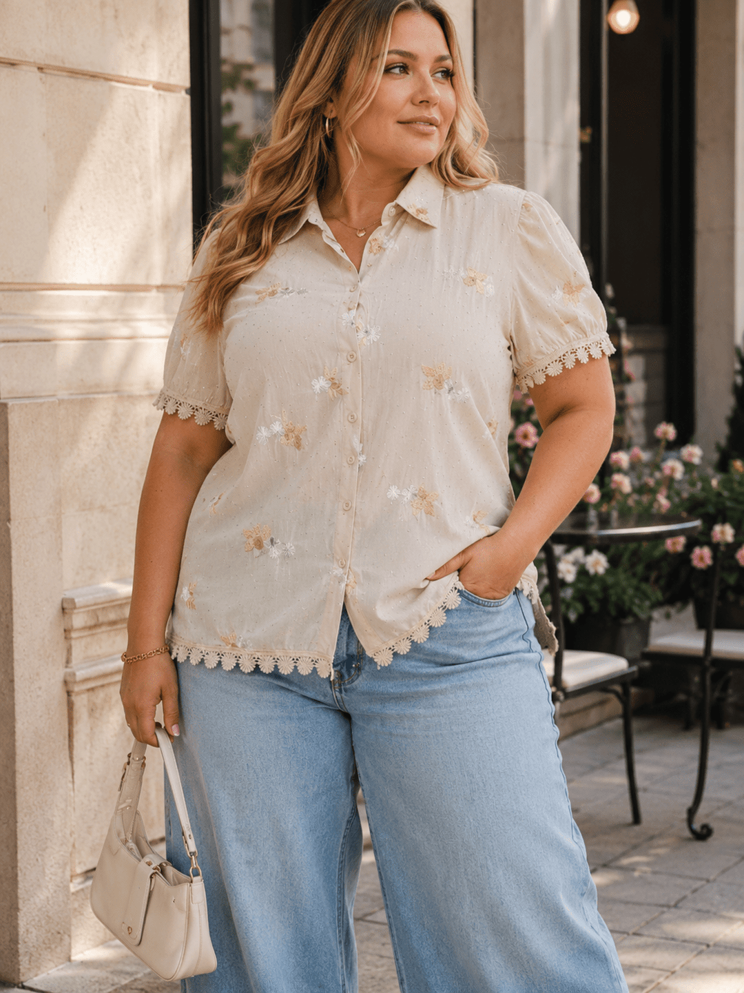 PLUS SIZE SHORT SLEEVE BUTTON UP EMBROIDERY RHINESTONES TRIM DETAILED BLOUSE