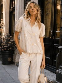 WOMEN'S SHORT SLEEVE BUTTON UP EMBROIDERY TRIM DETAILED BLOUSE