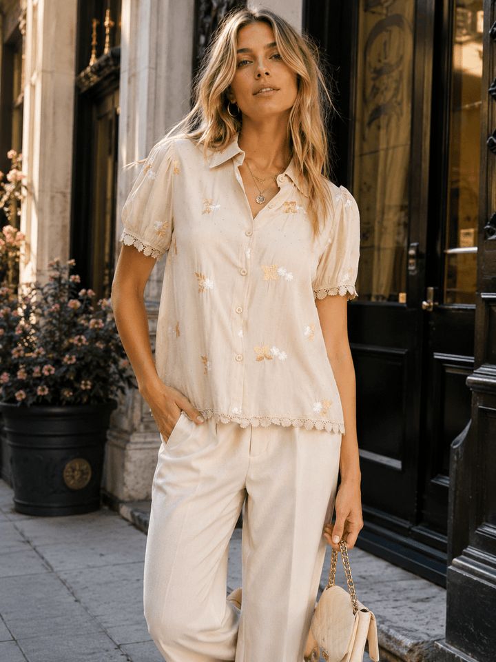 WOMEN'S SHORT SLEEVE BUTTON UP EMBROIDERY TRIM DETAILED BLOUSE