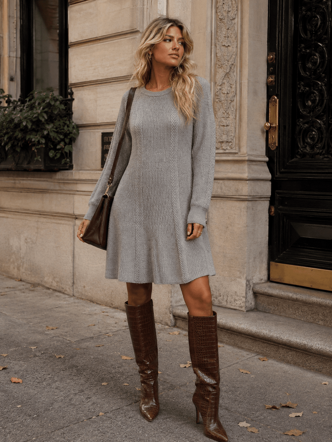 WOMEN'S LONG SLEEVE FIT & FLARE SWEATER MINI DRESS