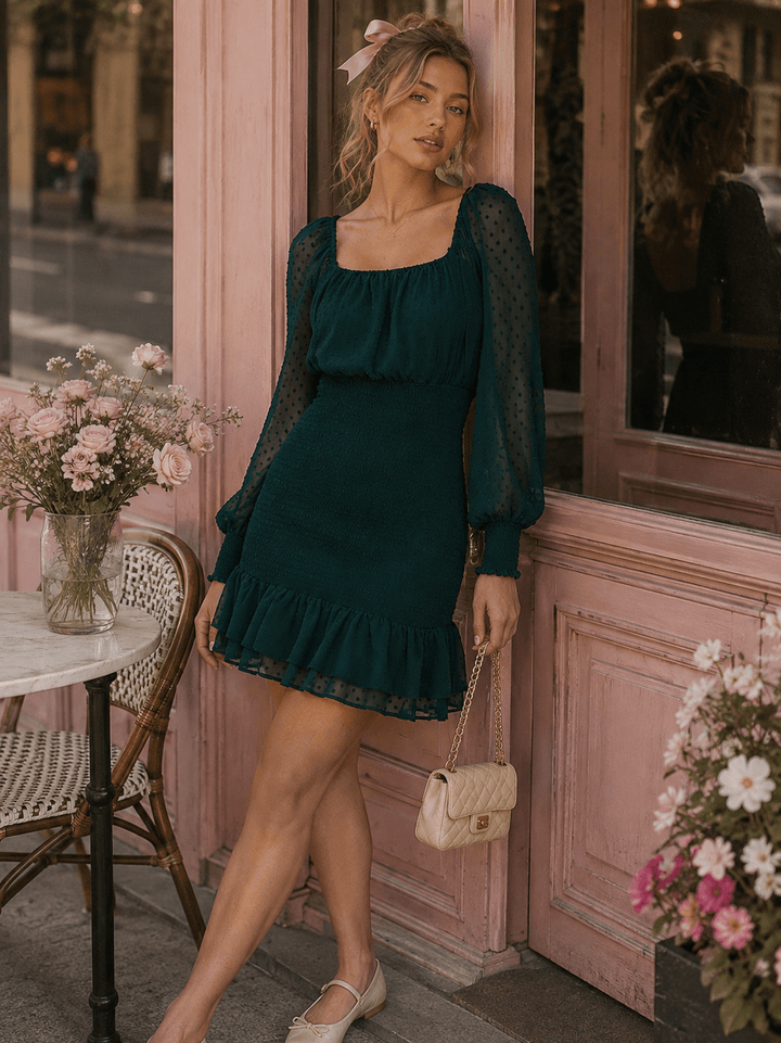 WOMEN'S LONG SLEEVE SQUARE NECK SMOCK WAIST SWISS MINI DRESS